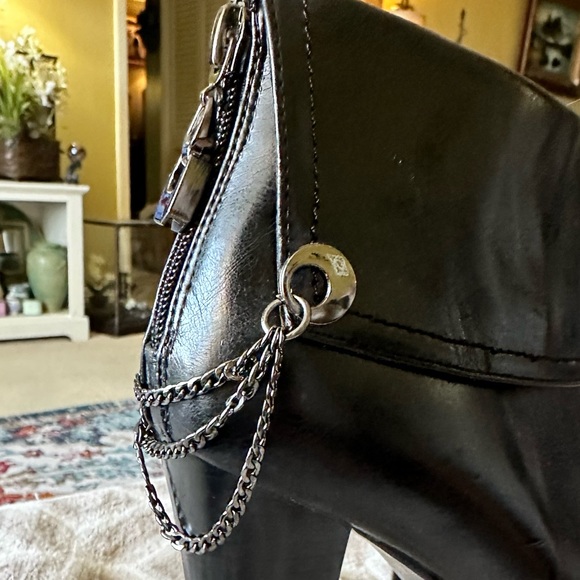 Italina Black Faux Leather w/ Chains High Heel Booties / Fold Over Ankle Boots. - Picture 2 of 12